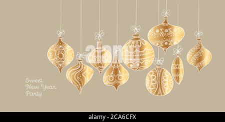 Baubles di lusso dorato disegnati a mano xmas per carta, intestazione, invito, poster, social media, post pubblicazione. Stile retro assortito ingenuo abbozzato Chris Illustrazione Vettoriale