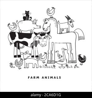 Composizione colorante animale da fattoria per carta, intestazione, invito, poster, social media, post pubblicazione. Divertente uccello domestico e mammiferi per bambini hanno progetti Illustrazione Vettoriale