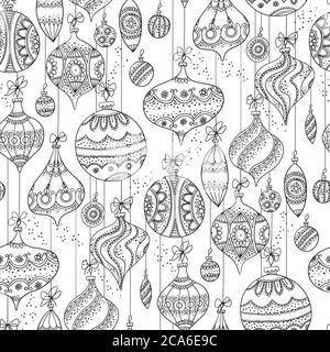 Zentangle sketch style xmas baubles motivo senza giunture per sfondo, tessuto, tessuto, wrap, superficie, web e stampa. Decorazione disegnata a mano Chris Illustrazione Vettoriale