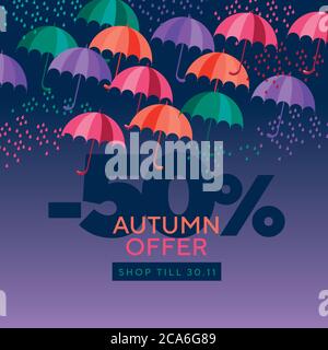 Autunno colorata composizione ombrelli. Elemento di design autunnale per biglietti, intestazioni, inviti, poster, social media, post-pubblicazione. Caduta fogliame sul rosso b Illustrazione Vettoriale