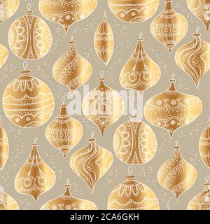 Baubles di lusso dorato disegnati a mano motivo senza giunture per sfondo, avvolgimento, tessuto, tessuto, wrap, superficie, web e stampa design. Assortimento stile retro Illustrazione Vettoriale