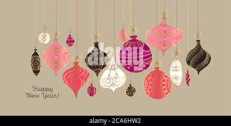 Cartolina decorativa xmas con bauble vintage appeso. Stile retrò lusso ingenuo disegno a mano decorazione di natale per carta, intestazione, invito, poster, socia Illustrazione Vettoriale