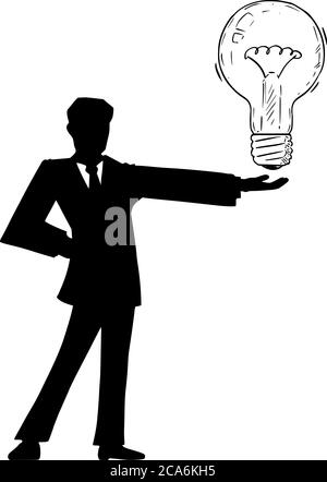 Grafico vettoriale cartoon illustrazione concettuale della silhouette nera dell'uomo in tuta o uomo d'affari che tiene una grande lampadina. Concetto di idea, creatività o soluzione. Illustrazione Vettoriale