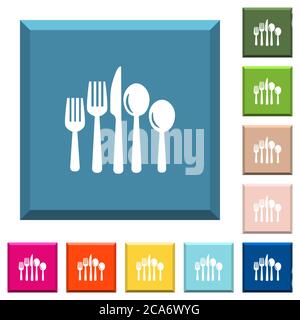 Icone bianche sulle posate sui bottoni quadrati con bordi in vari colori alla moda Illustrazione Vettoriale