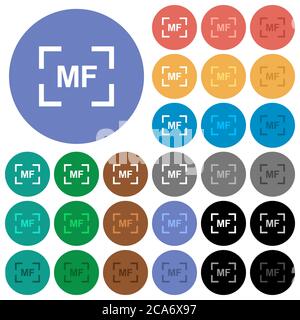 Modalità di messa a fuoco manuale della fotocamera icone piatte multicolore su sfondi rotondi. Incluse variazioni delle icone bianche, chiare e scure per il passaggio del mouse e l'effe dello stato attivo Illustrazione Vettoriale