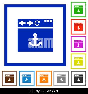 Browser ancora icone a colori piatte in cornici quadrate su sfondo bianco Illustrazione Vettoriale