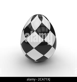 Uovo di Pasqua a scacchi bianco e nero su sfondo bianco per simboleggiare la risurrezione e la nuova vita che emerge dal guscio d'uovo che rappresenta una tomba Foto Stock