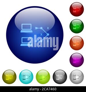 Traceroute le icone del computer remoto su pulsanti rotondi in vetro di colore Illustrazione Vettoriale