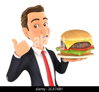 uomo d'affari 3d che tiene grande hamburger con il pollice in su, illustrazione con sfondo bianco isolato Foto Stock