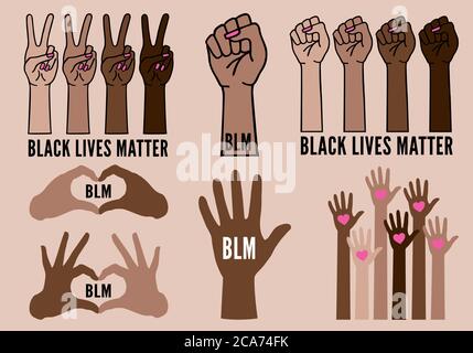 Black Lives Matter, blm, le mani femminili protestano contro il razzismo, i pugni neri combattono, illustrazione vettoriale Illustrazione Vettoriale