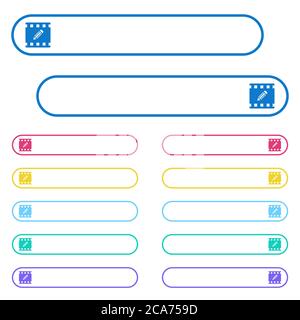 Modificare le icone dei filmati con i pulsanti del menu a colori arrotondati. Variazioni delle icone sul lato sinistro e destro. Illustrazione Vettoriale