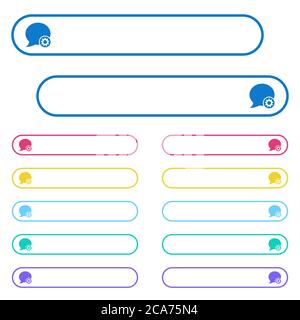 Icone delle impostazioni dei commenti del blog in pulsanti di menu a colori arrotondati. Variazioni delle icone sul lato sinistro e destro. Illustrazione Vettoriale