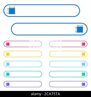 Icone di dimensioni Elemet in pulsanti di menu a colori arrotondati. Variazioni delle icone sul lato sinistro e destro. Illustrazione Vettoriale