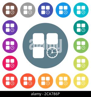 Icone bianche piatte del timer dei componenti su sfondi rotondi. sono incluse 17 variazioni di colore di sfondo. Illustrazione Vettoriale