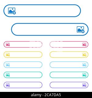 Rank le icone delle immagini in pulsanti di menu a colori arrotondati. Variazioni delle icone sul lato sinistro e destro. Illustrazione Vettoriale