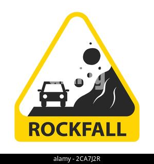 segno giallo pericolo rockfall. pietra cade su una macchina. Immagine vettoriale piatta isolata su sfondo bianco. Illustrazione Vettoriale