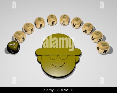 Immagine grafica 3D di LEPRECHAUN in verticale insieme al testo costruito intorno all'icona da lettere cubiche metalliche dalla prospettiva superiore, eccellente per la presentazione concettuale e le presentazioni. Foto Stock