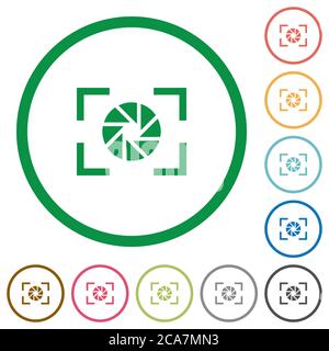 Apertura della fotocamera impostazione di icone a colori piatte con contorni rotondi su sfondo bianco Illustrazione Vettoriale