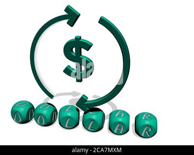 Immagine grafica 3D del dollaro in verticale insieme al testo costruito da lettere cubiche metalliche dalla prospettiva superiore, eccellente per la presentazione concettuale e presentazioni. Illustrazione e business Foto Stock