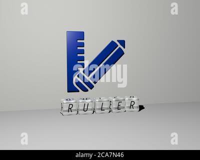 Immagine grafica 3D del righello in verticale insieme al testo costruito da lettere cubiche metalliche dalla prospettiva superiore, eccellente per la presentazione concettuale e le presentazioni. Illustrazione e sfondo Foto Stock