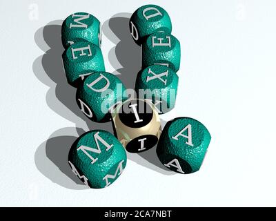 supporti misti combinati da lettere di dadi e colori incrociati per i significati correlati del concetto. background e astratto. Illustrazione 3D Foto Stock