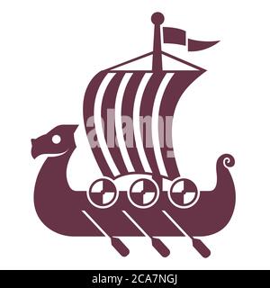 icona della nave vichinga nera con vela e remi. illustrazione vettoriale piatta. Illustrazione Vettoriale