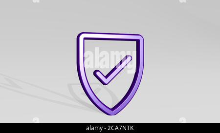 controllare la protezione da una prospettiva con l'ombra. Una scultura spessa realizzata in materiali metallici di rendering 3D, illustrazione e sfondo Foto Stock