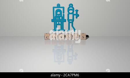 Rappresentazione 3D DI TELA con icona sulla parete e testo disposto da lettere cubiche metalliche su un pavimento a specchio per il significato concettuale e presentazione slideshow. Sfondo e astratto Foto Stock