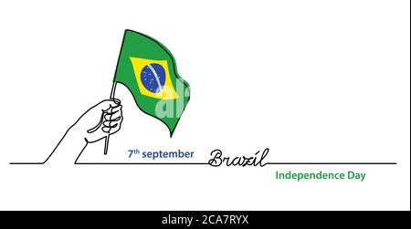 Brasile giorno indipendenza semplice banner web, sfondo con bandiera e mano. Un disegno a linea continua con scritte in Brasile Illustrazione Vettoriale