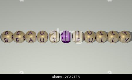 Crosswords di SPLENDIDAMENTE arrangiato da lettere cubiche su un pavimento di specchio, significato di concetto e presentazione. Sfondo e blu. Illustrazione 3D Foto Stock