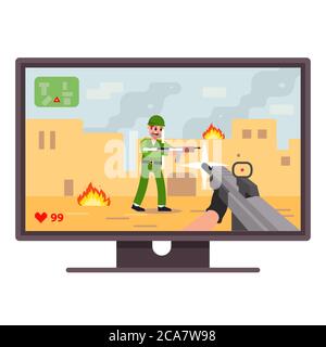 riproduzione di un gioco per computer su un computer. sparare in giochi. home intrattenimento verticale. illustrazione vettoriale piatta Illustrazione Vettoriale