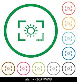 Luminosità della fotocamera impostazione di icone a colori piatte con contorni arrotondati su sfondo bianco Illustrazione Vettoriale