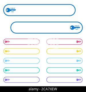 Icone chiave pubbliche in pulsanti di menu a colori arrotondati. Variazioni delle icone sul lato sinistro e destro. Illustrazione Vettoriale