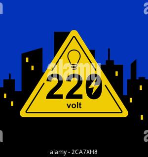 segno triangolare giallo di 220 volt sullo sfondo della città notturna. immagine vettoriale piatta. Illustrazione Vettoriale