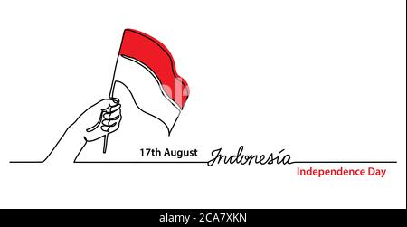 Indonesia giorno di indipendenza semplice banner web, sfondo con bandiera e mano. Un disegno a linea continua con lettere Indonesia Illustrazione Vettoriale