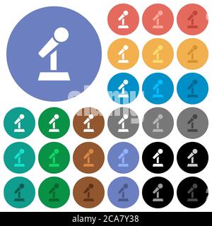 Microfono con icone piatte multicolore su sfondo rotondo. Incluse variazioni delle icone bianche, chiare e scure per il passaggio del mouse e l'effetto di stato attivo Illustrazione Vettoriale