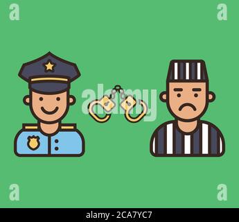 poliziotto contentato e prigioniero arrabbiato. icone vettore di carattere Illustrazione Vettoriale