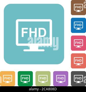 Display Full HD con icone piatte bianche su sfondi quadrati arrotondati a colori Illustrazione Vettoriale