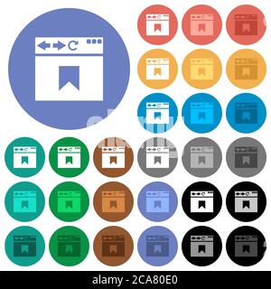 Segnalibri del browser icone piatte multicolore su sfondi rotondi. Incluse variazioni delle icone bianche, chiare e scure per gli effetti di stato attivo e del passaggio del mouse, AN Illustrazione Vettoriale
