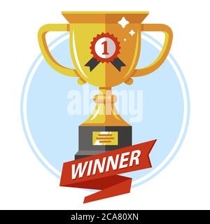 coppa d'oro per il vincitore con un nastro rosso. vinci il concorso. illustrazione vettoriale piatta Illustrazione Vettoriale