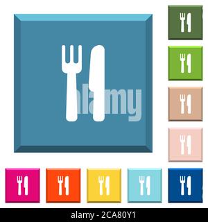 Icone bianche sulle posate sui bottoni quadrati con bordi in vari colori alla moda Illustrazione Vettoriale