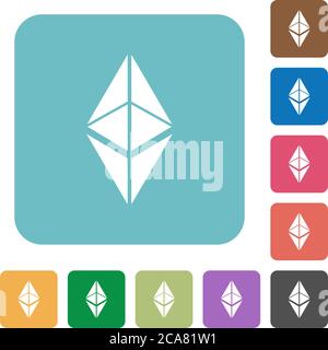 Icone piatte bianche criptovalute digitali etereum classiche su sfondi quadrati arrotondati di colore Illustrazione Vettoriale
