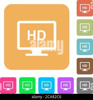 Icone piatte per display HD su sfondi quadrati arrotondati dai colori vivaci. Illustrazione Vettoriale