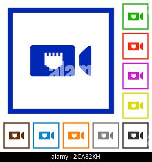 Icone a colori piatte della telecamera IP in cornici quadrate su sfondo bianco Illustrazione Vettoriale