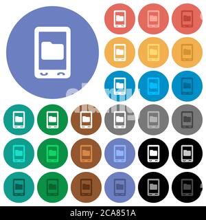 Archiviazione dati mobili icone piatte multicolore su sfondi rotondi. Incluse variazioni delle icone bianche, chiare e scure per gli effetti di stato attivo e del passaggio del mouse, Illustrazione Vettoriale