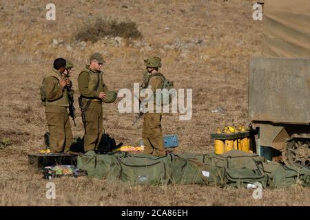 (200805) -- ALTURE DEL GOLAN, 5 agosto 2020 (Xinhua) -- soldati israeliani sono visti nelle alture del Golan occupate da Israele vicino al confine conteso tra Siria e Israele il 4 agosto 2020. (Ayal Margolin/JINI via Xinhua) Foto Stock