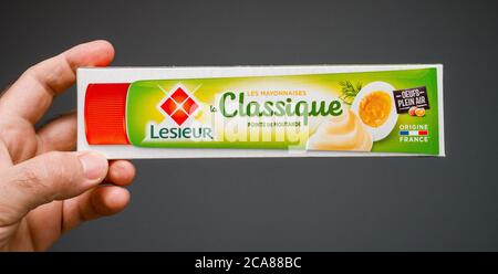 Parigi, Francia - 29 maggio 2020: Mano uomo tenuta contro sfondo grigio pacchetto con Lesieur la Classique maionnaise con senape - Made in France Foto Stock