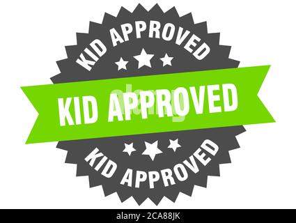 etichetta a nastro isolata rotonda approvata da bambino. cartello approvato da bambino Illustrazione Vettoriale