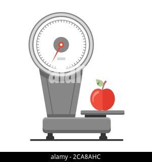 pesare le mele sulla bilancia. mercato alimentare sano. vettore piatto illustrazione. Illustrazione Vettoriale