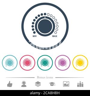 Controllo del volume con didascalie icone a colori piatte in contorni rotondi. 6 icone bonus incluse. Illustrazione Vettoriale